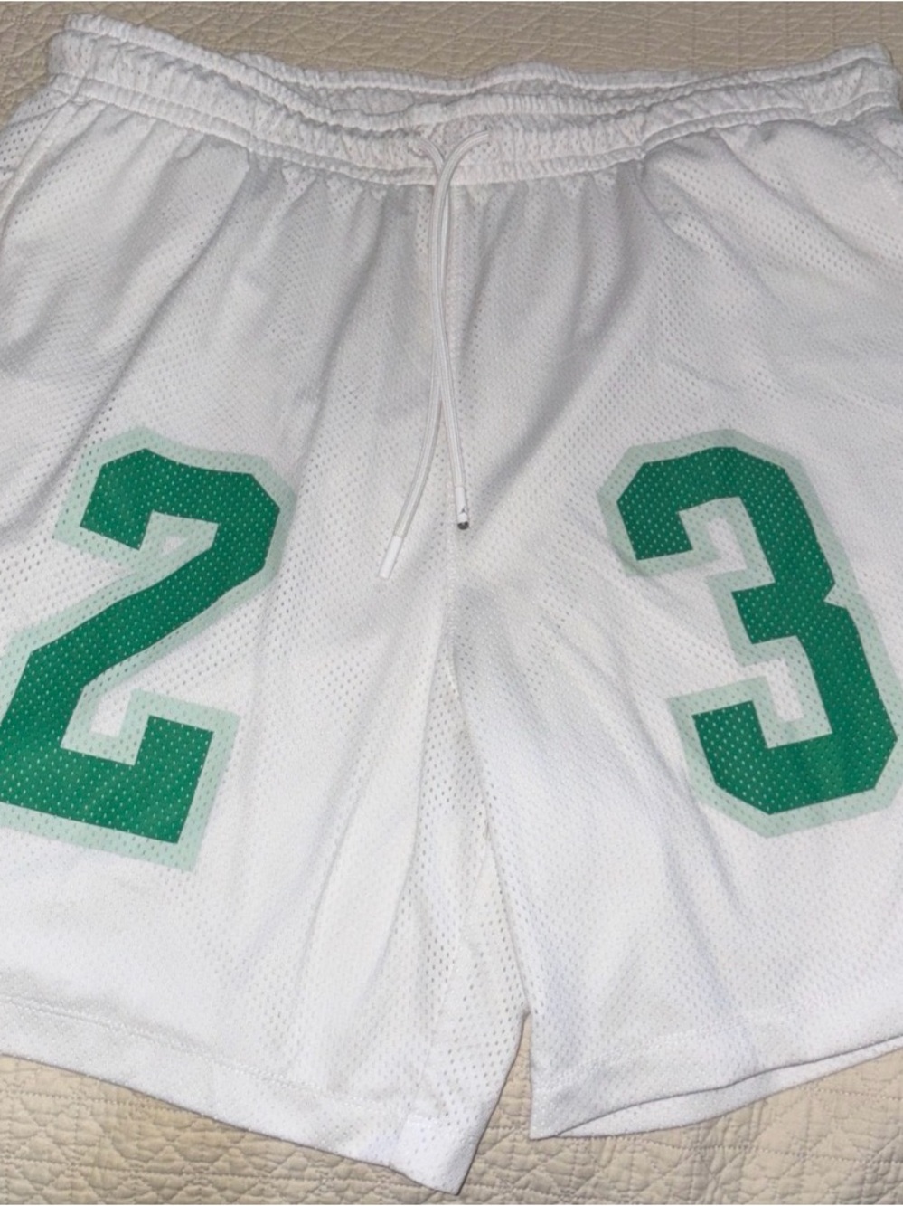 White Athletic Mesh Shorts with Jordan Green Number Detail